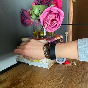 AX Armani Exchange Black Leather Bracelet with Gold Feather Accent